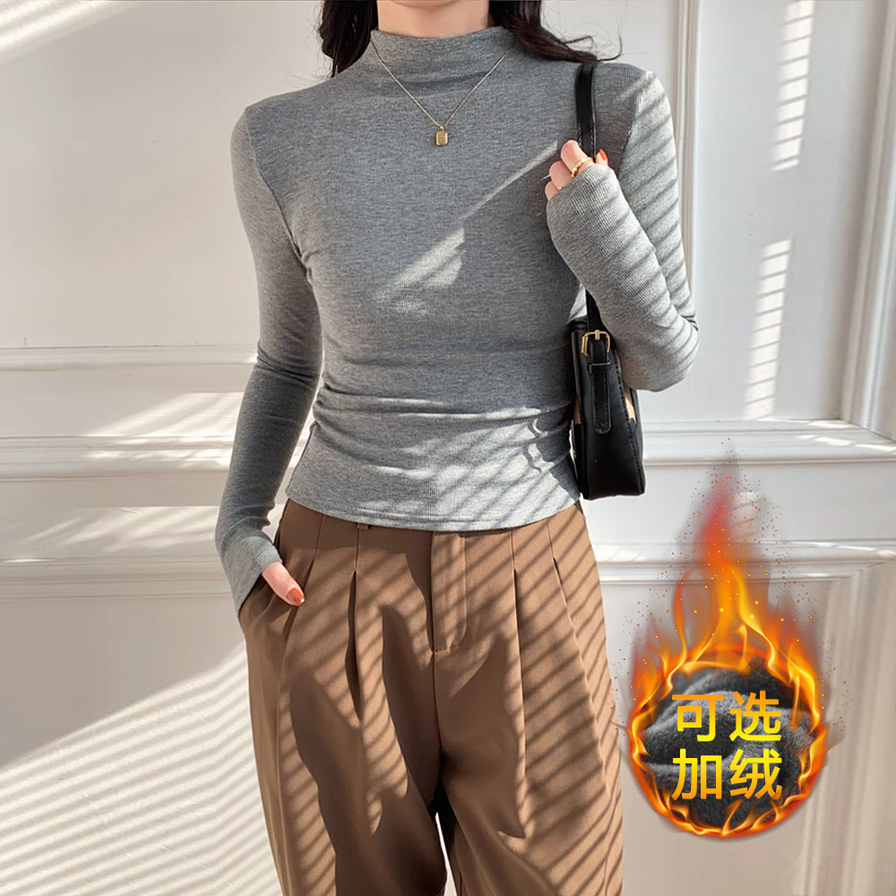 灰色冬季半高领中打底衫女内搭螺纹褶皱修身紧身收腰长袖上衣t恤