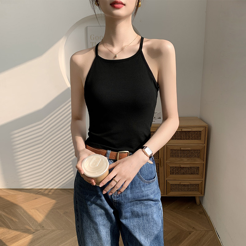 黑色挂脖小吊带背心女夏季带胸垫内搭修身露背设计感外穿打底上衣