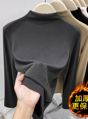 灰色半高领德绒打底衫女内搭2025新款秋冬季修身加绒加厚长袖上衣