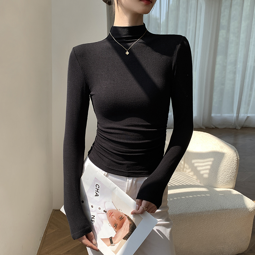 黑色半高领中紧身打底衫女2025新款秋冬内搭针织褶皱收腰长袖上衣