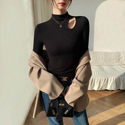 黑色镂空半高领长袖打底衫女2025新款秋季针织修身设计感内搭上衣
