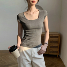 灰色方领小飞袖短袖t恤女2025新款夏季针织紧身显瘦无袖背心上衣