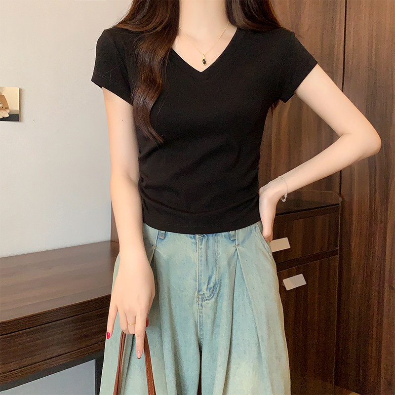 黑色V领短袖t恤女正肩2026新款夏季高级感修身小袖抽褶短款上衣