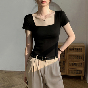 正肩短款 春夏修身 小个子纯棉显瘦上衣 t恤女2026新款 黑色方领短袖