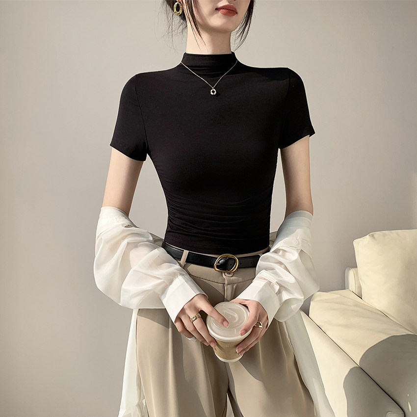 黑色莫代尔半高领短袖t恤女