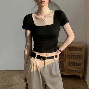 黑色方领短款纯棉t恤女2026新款夏季露脐小个子高腰正肩短袖上衣