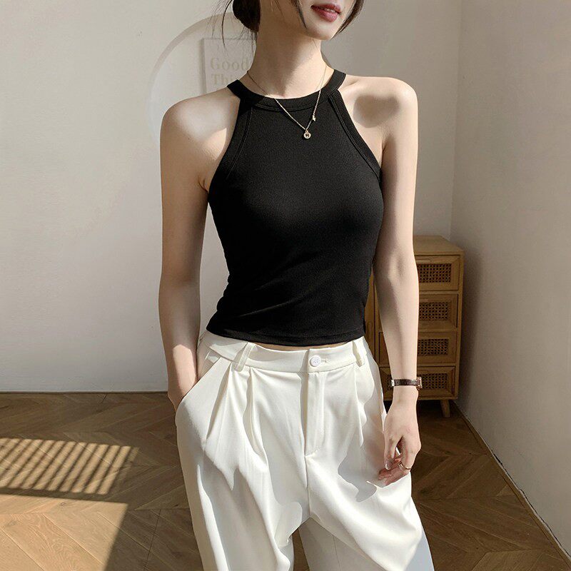 黑色挂脖吊带背心女内搭2026新款夏季带胸垫一体短款打底外穿上衣
