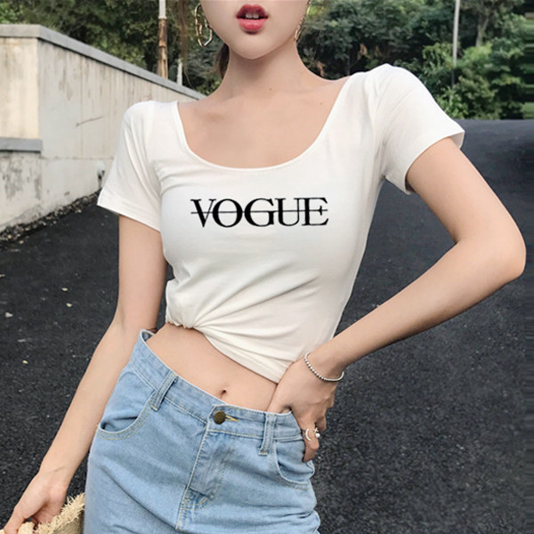 2026新款大领口白色t恤女短袖夏纯棉u领字母印花紧身低领修身上衣