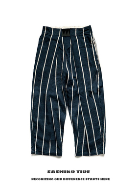 21AW KAPITAL 平田和宏 日系潮流男女款双色棉麻条纹透气休闲长裤