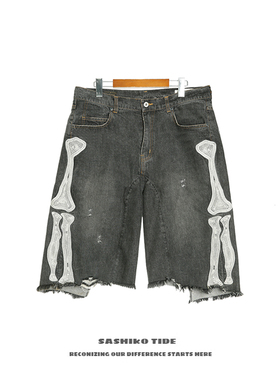 21SS KAPITAL 平田和宏 日系骨头刺绣做旧破坏宽松休闲牛仔短裤