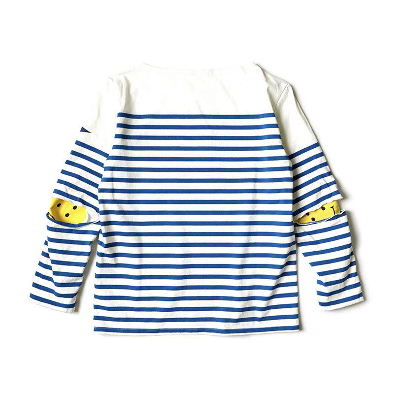 thumbnail for 22AW KAPITAL Hirata and macro cotton loose blue and white striped three flags long-sleeved smiley stitching bottoming shirt