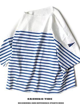 22SS KAPITAL 平田和宏 蓝白条纹拼色三旗五分袖圆领宽松短袖T恤