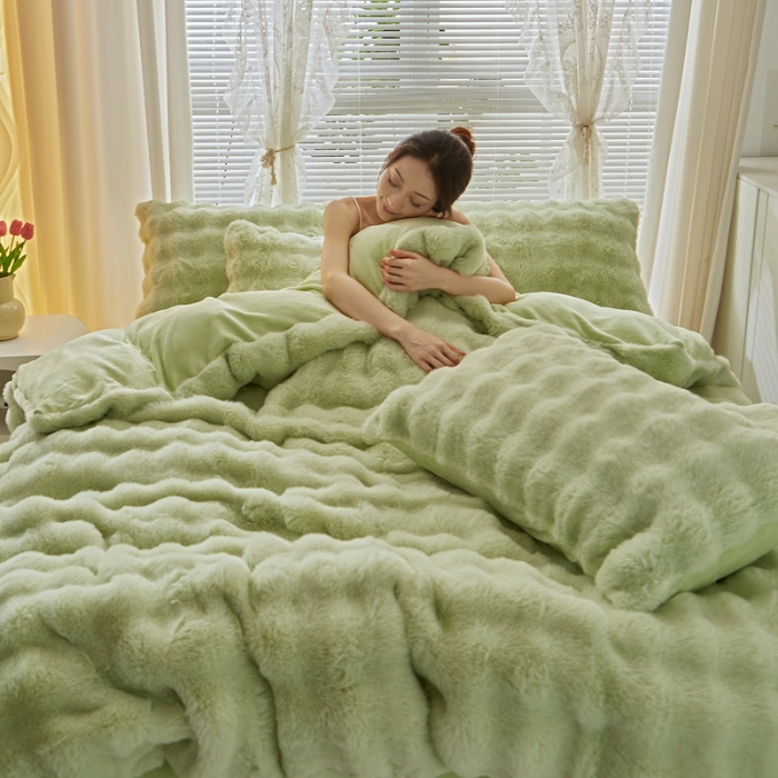 2025兔兔绒四件套床裙款兔毛绒剪花保暖绒泡泡牛奶绒四件套