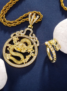 爆款微镶锆石嘻哈龙组合吊坠欧美hiphop潮人男士项链挂件