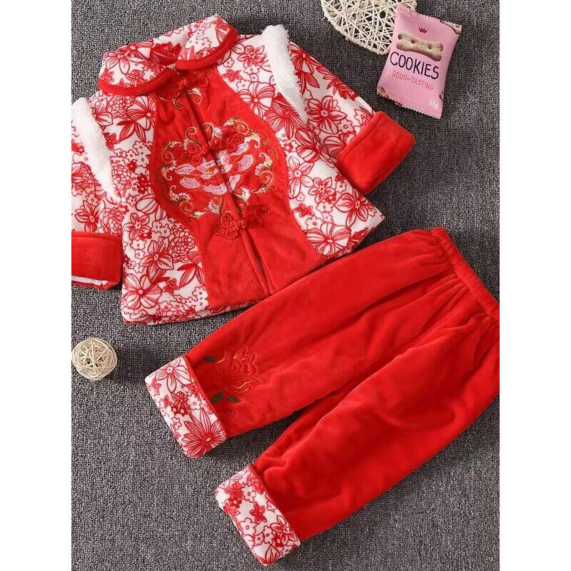 MXAG小女童薄棉唐装0-1-2岁周岁宝宝抓周过年衣服婴幼儿汉服冬厚