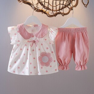 小女孩短袖 法国mxag0 3岁婴儿套装 夏季 689个月女宝宝两件 圆点薄款