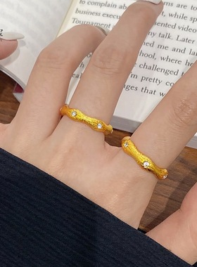 金包银拉丝镶钻六芒星开口戒指女手镯高级感送女友礼物