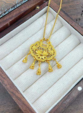 金包银古法莲花如意流苏锁包吊坠项链毛衣链国风女