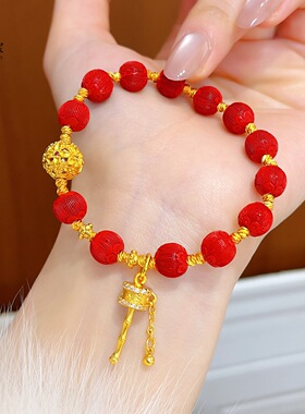 金包银 朱砂灯笼圆珠手串久不掉色沙金镶钻葫芦手链花纹金珠手饰