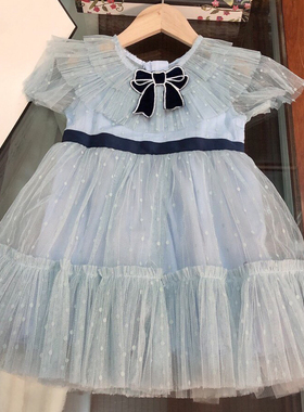定制童装女童气质款蓝色蝴蝶结连衣裙2021夏女宝宝网纱公主裙淑女