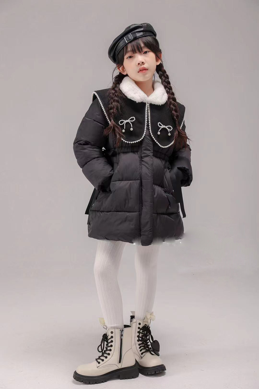 女童棉服2022冬韩国童装宝宝洋气收腰大翻领中长款儿童棉袄加厚款
