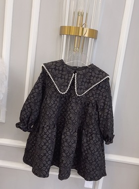 女童连衣裙2022秋冬小女孩洋气黑色珍珠领浮雕礼服裙宝宝公主裙子