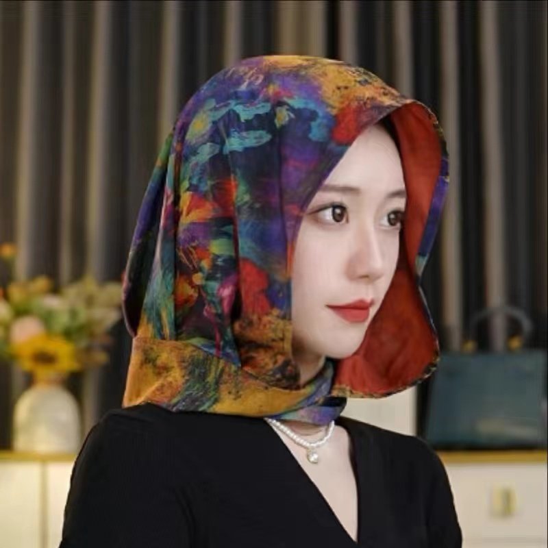 双层双面帽子春夏季新款包头丝巾缎面时尚百搭防晒旅游遮阳一体帽