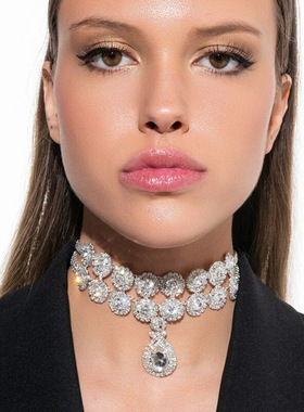 新款时尚双排水滴吊坠项链 女士气质闪亮水钻颈链锁骨链