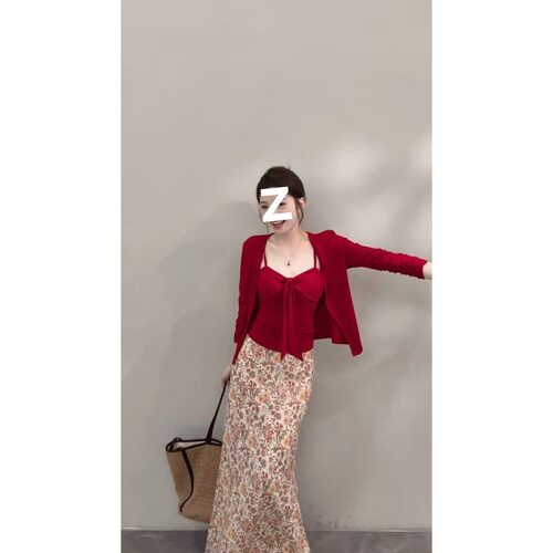 轻熟风穿搭一整套春季连衣裙子修身显瘦开衫吊带半身裙三件套装女