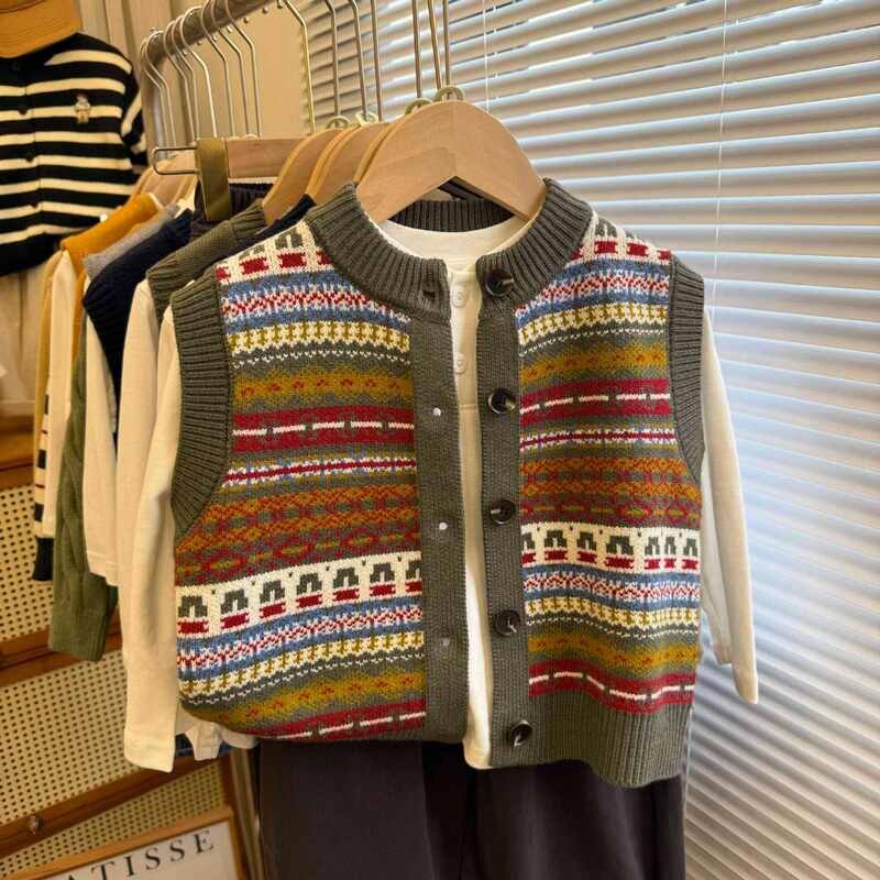 秋冬新款撞色复古费尔岛氛围感毛衣马甲男女童洋气百搭厚实毛衣
