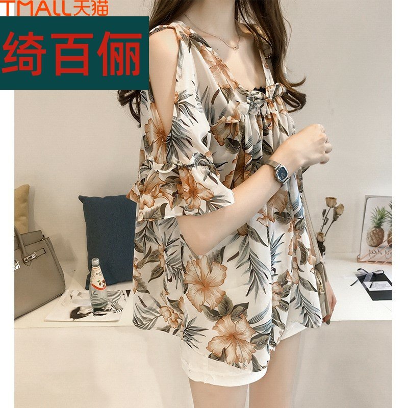 2019新款大码恤女雪纺200女装露肩夏装上衣衫胖mm爱斤t遮肚短袖