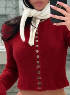 Adorn 【酒渍樱桃】抬肤色正红羊绒羊毛混纺贝壳扣厚开衫针织外套