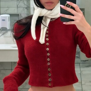 针织外套 抬肤色正红羊绒羊毛混纺贝壳扣厚开衫 Adorn 酒渍樱桃