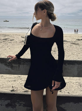 Adorn 进口醋酸针织黑色弹力性感修身围裹设计镂空连衣裙