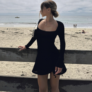 Adorn 围裹设计镂空连衣裙 进口醋酸针织黑色弹力性感修身