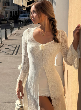 Adorn原创 秋日已至vintage骨线蕾丝水袖奶白色长袖长款法式罩衫