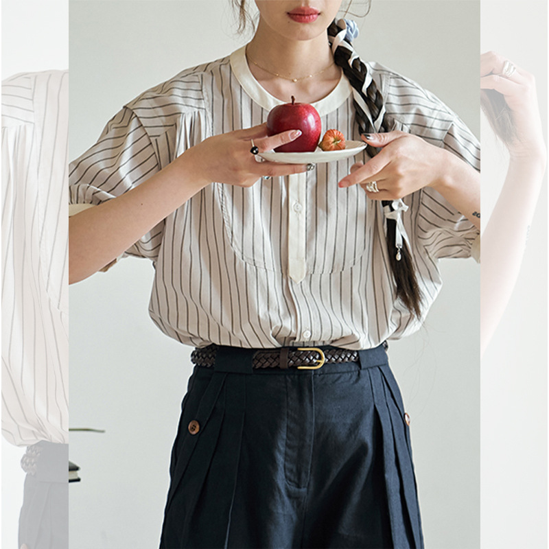 白描工作间黑白条纹短袖衬衫女夏季法式复古文艺圆领衬衣上衣