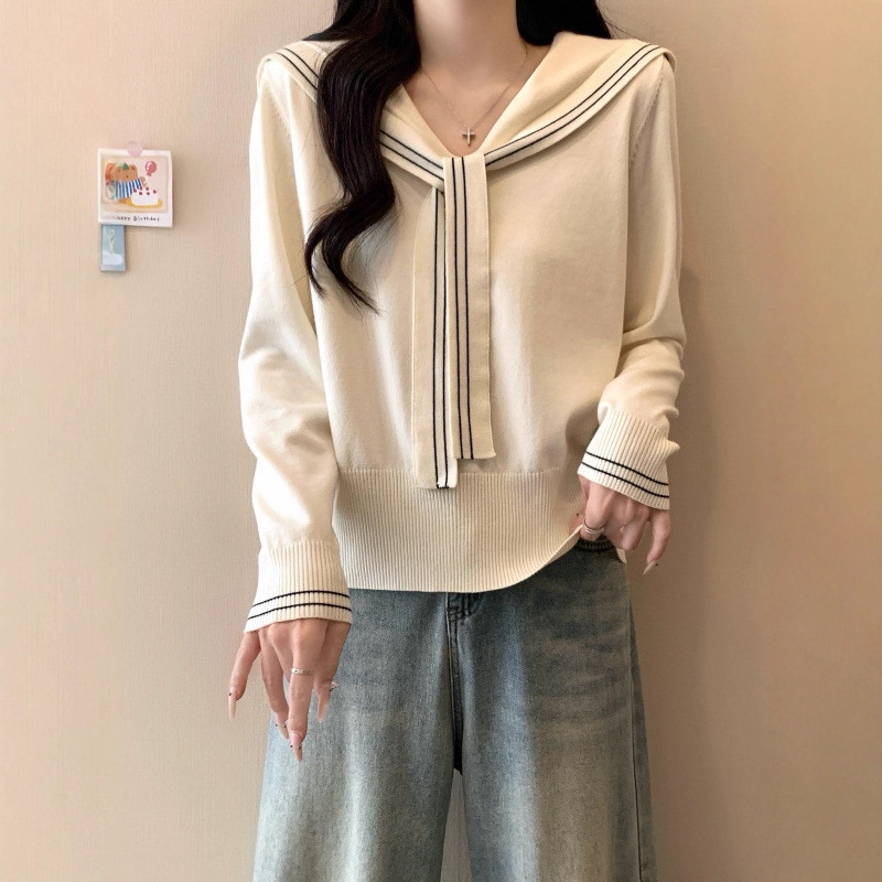 2025秋冬新款海军领系带条纹针织套衫设计感百搭外套女式毛衣