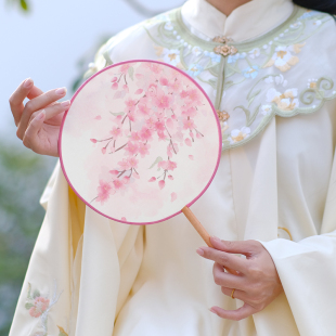 团扇古风扇子儿童夏季 半透舞蹈扇专用古典舞圆扇女汉服长柄宫廷扇