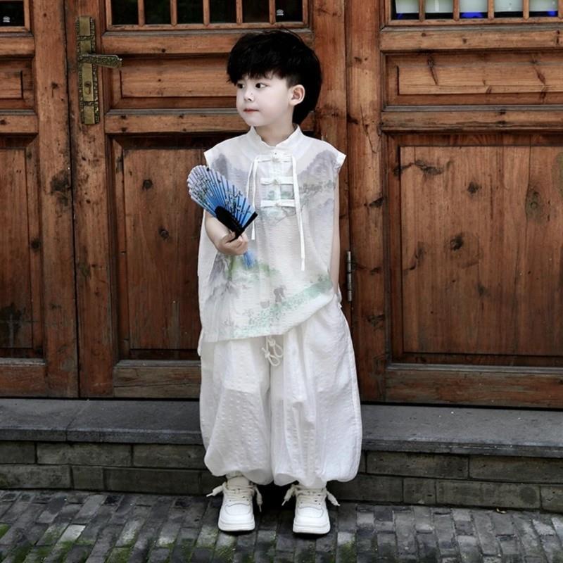 儿童夏季国风无袖套装2025新款男童装酷帅古风洋气男孩国潮表演服