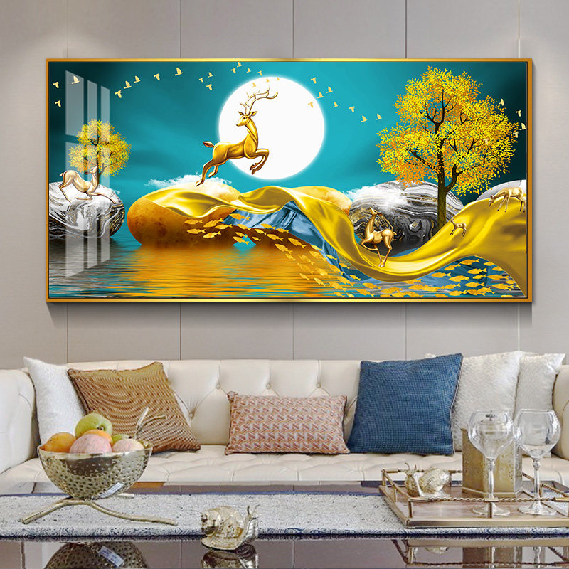 现代简约客厅装饰画沙发背景墙挂画山水麋鹿招财壁画酒店样板间横_虎窝淘
