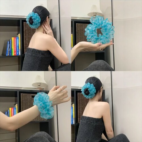 韩系手工褶皱蓝格绢纱大肠发圈