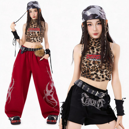 顽皮尼莫女童爵士舞服装夏季豹纹街舞潮酷演出服少儿JAZZ儿童套装