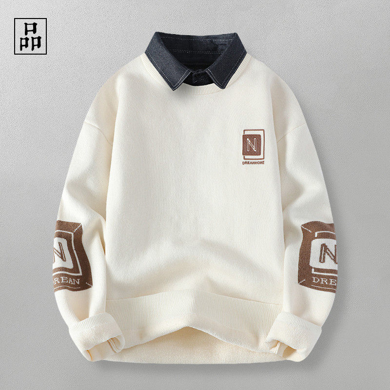 时尚百搭假两件！文艺清新！秋日系印花休闲衬衫领针织男毛衣,男装,秀禾服,淘宝优惠券,粉丝福利购,淘宝优惠卷