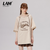 五分袖 LAMLICKA夏季 薄款 女大码 潮上衣宽松 字母V领连帽T恤廓形短袖