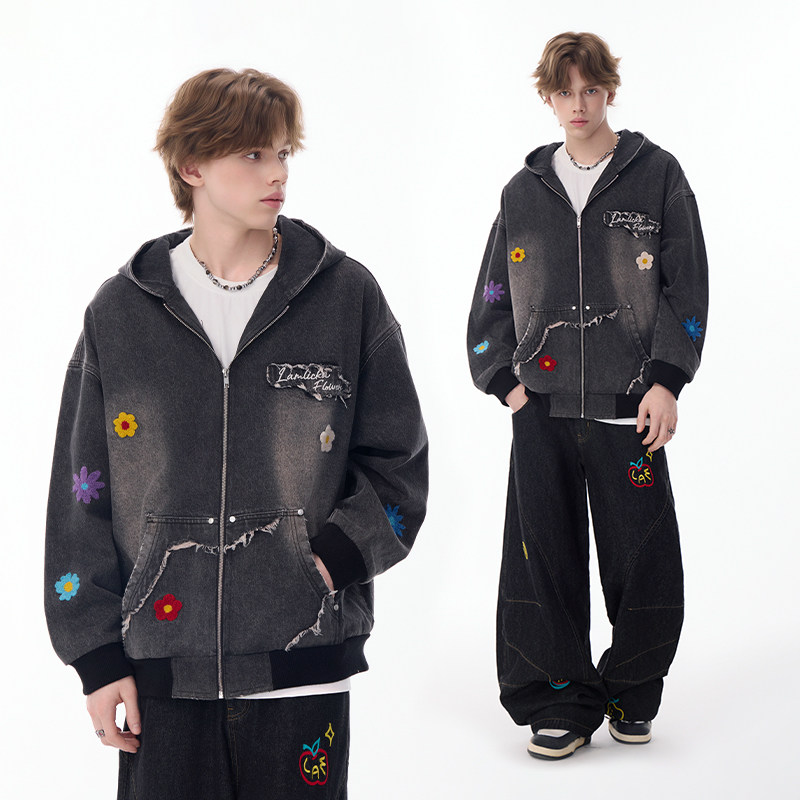 LAMLICKA彩色小花美式复古牛仔外套男春秋潮牌黑色宽松连帽夹克女,男装,牛仔外套,淘宝优惠券,粉丝福利购,淘宝优惠卷