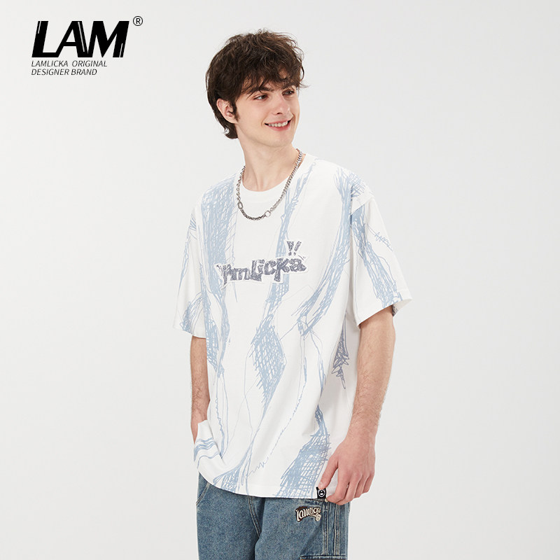 LAMLICKA贴布绣满印T恤纯棉短袖男夏季日系潮牌情侣廓形上衣宽松,男装,T恤,淘宝优惠券,粉丝福利购,淘宝优惠卷