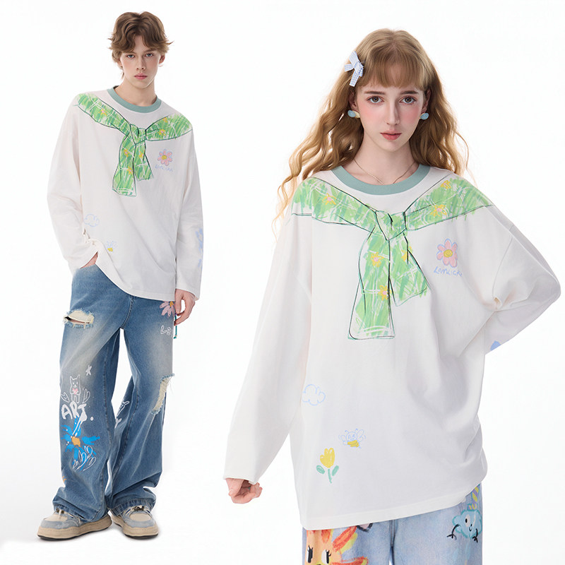 LAMLICKA围巾印花撞色潮牌长袖t恤男春秋纯棉宽松白色圆领上衣女,男装,T恤,淘宝优惠券,粉丝福利购,淘宝优惠卷