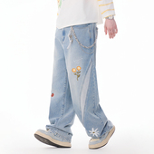 女 垂感蓝色直筒休闲裤 LAMLICKA花卉拼接宽松阔腿牛仔裤 男春秋美式