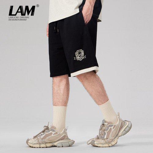 LAMLICKA拼接撞色松紧直筒五分裤